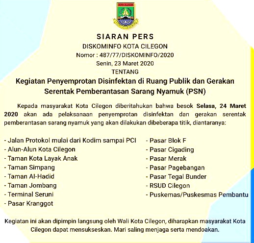 Besok, Fasilitas Umum di Kota Cilegon Akan Disemprot Cairan Disinfektan